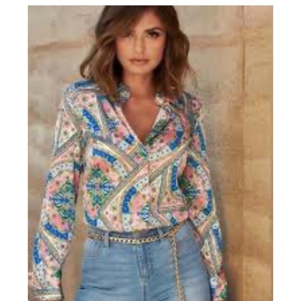 Boston Proper Sophia Sz. 12 Blouse Baroque Scroll Print Button Pastel Charmeuse